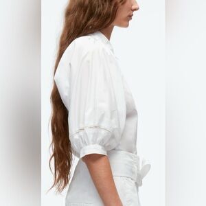 3.1 Phillip Lim White Lantern Sleeve Lattice Trim Button Shirt Sz 4